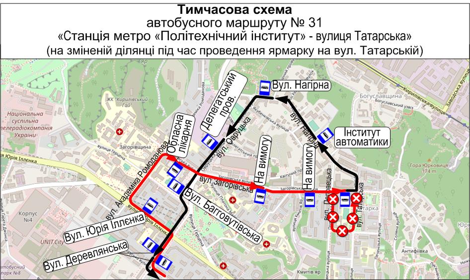 Тимчасова схема руху автобусу № 31 на карті