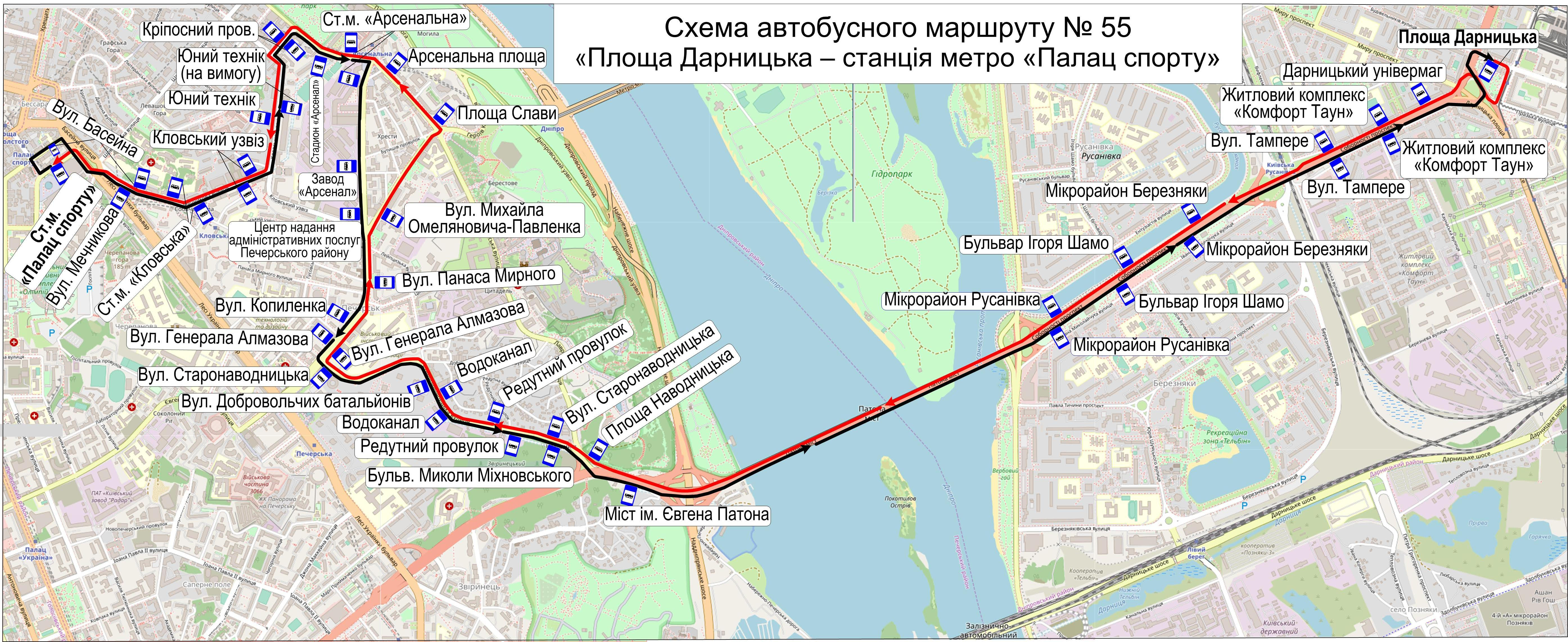 Схема автобусного маршруту № 55