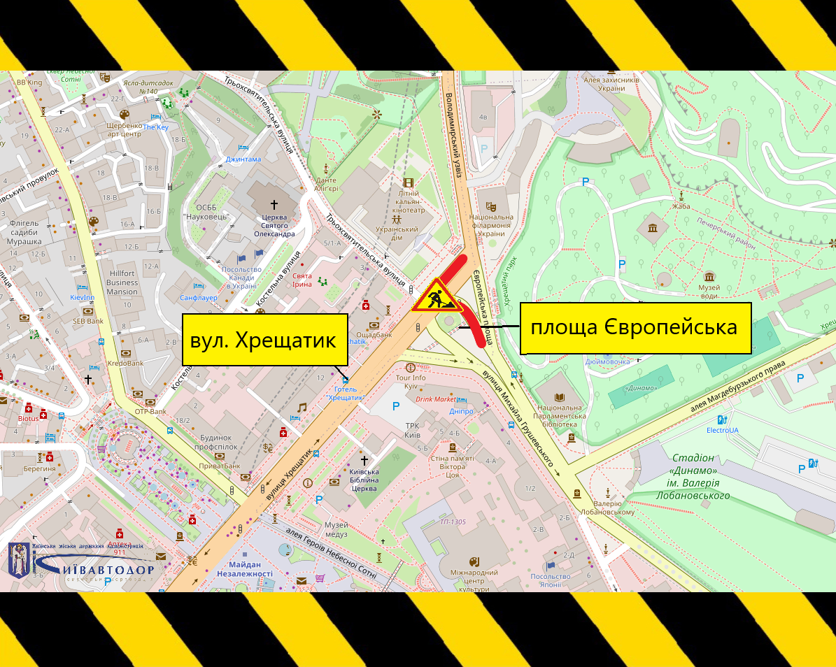 Карта Києва з позначенням ділянки перекриття руху на вулиці Хрещатик біля Європейської площі.